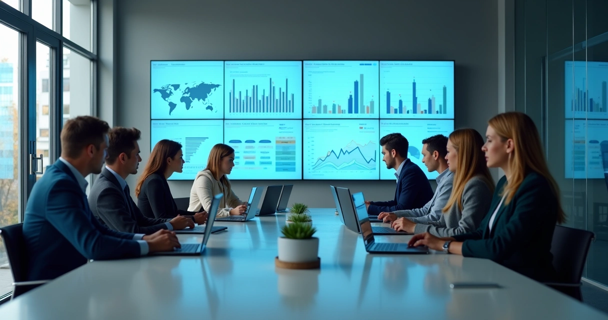Equipe analisando gráficos de dados em ambiente de escritório moderno
