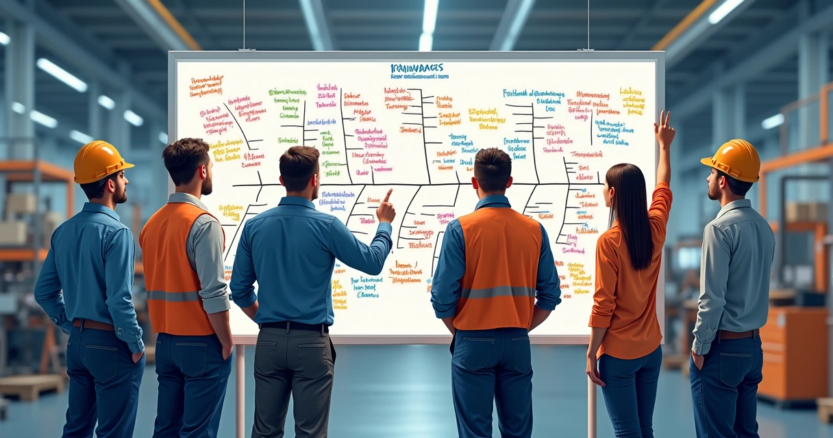 Equipe de manutenção usando quadro para analisar causas de falha industrial 