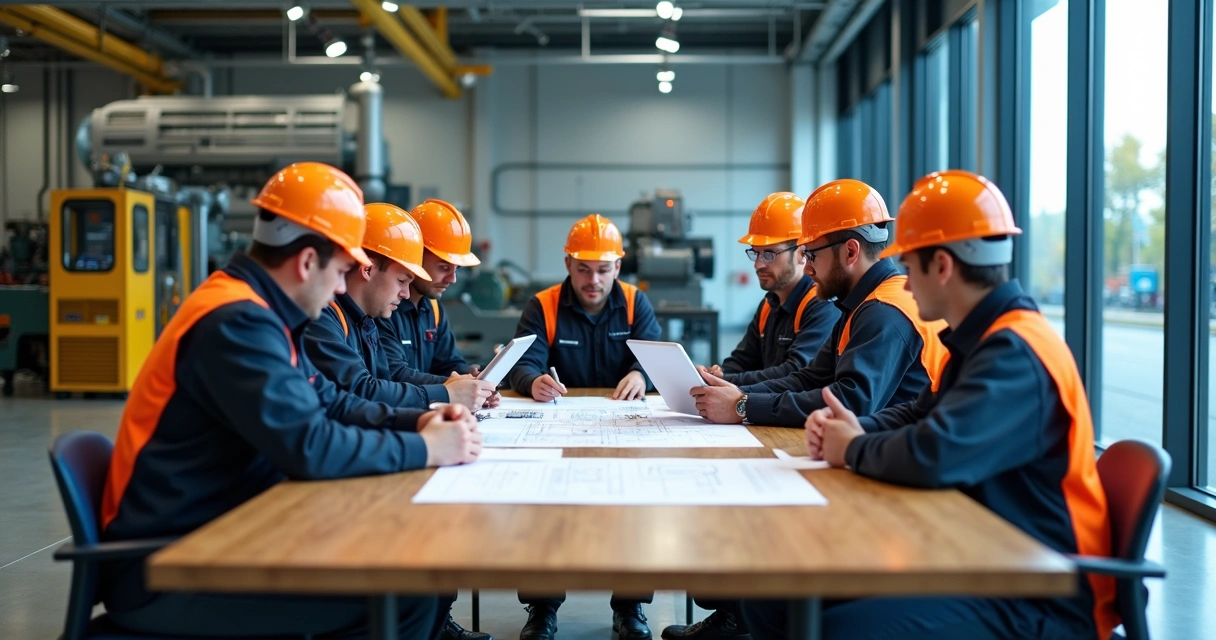Equipe de manutenção industrial analisando documentos e equipamentos na sala de reunião 