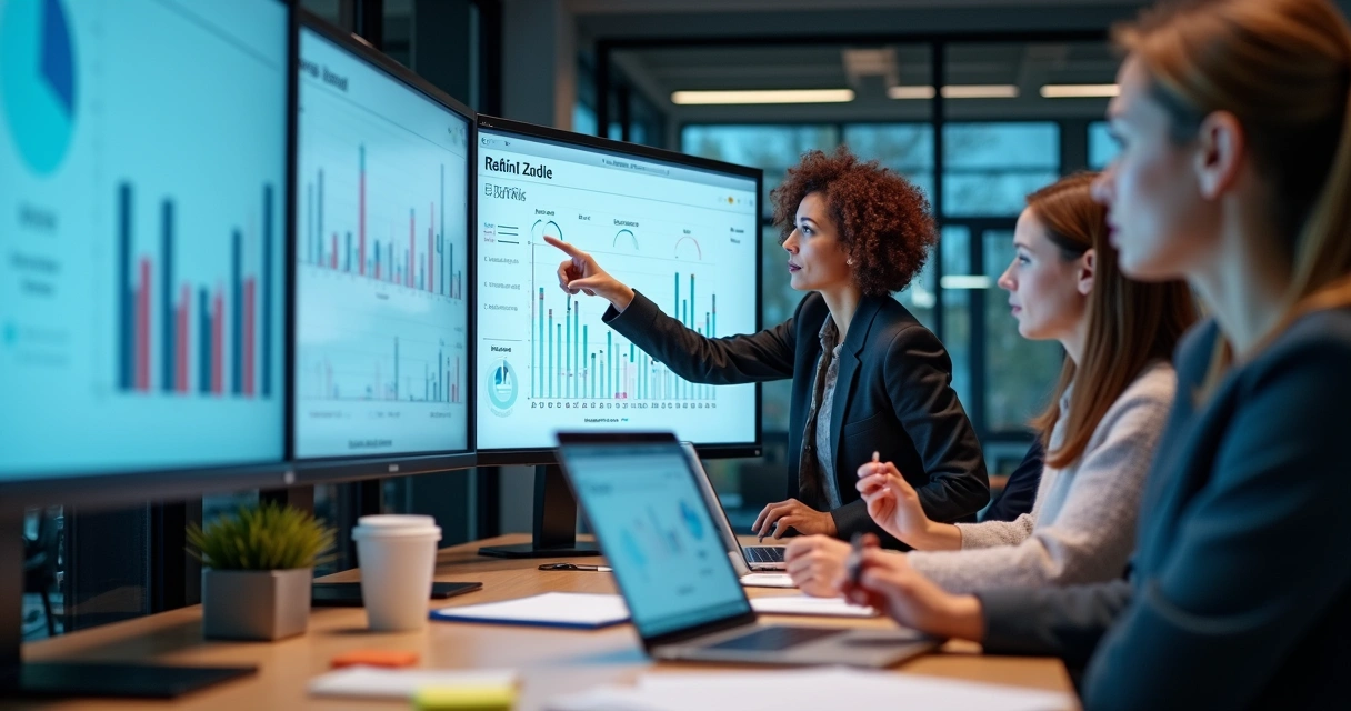 Equipe de marketing analisando gráficos digitais 