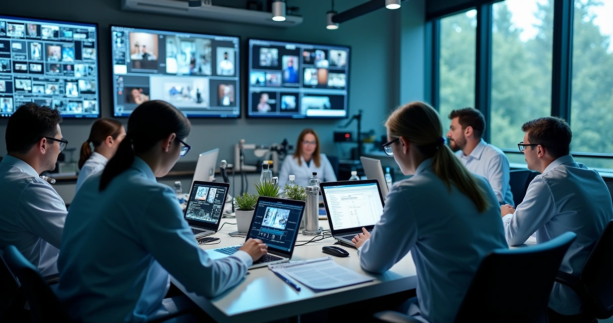 Equipe de peritos forenses avaliando vídeos 