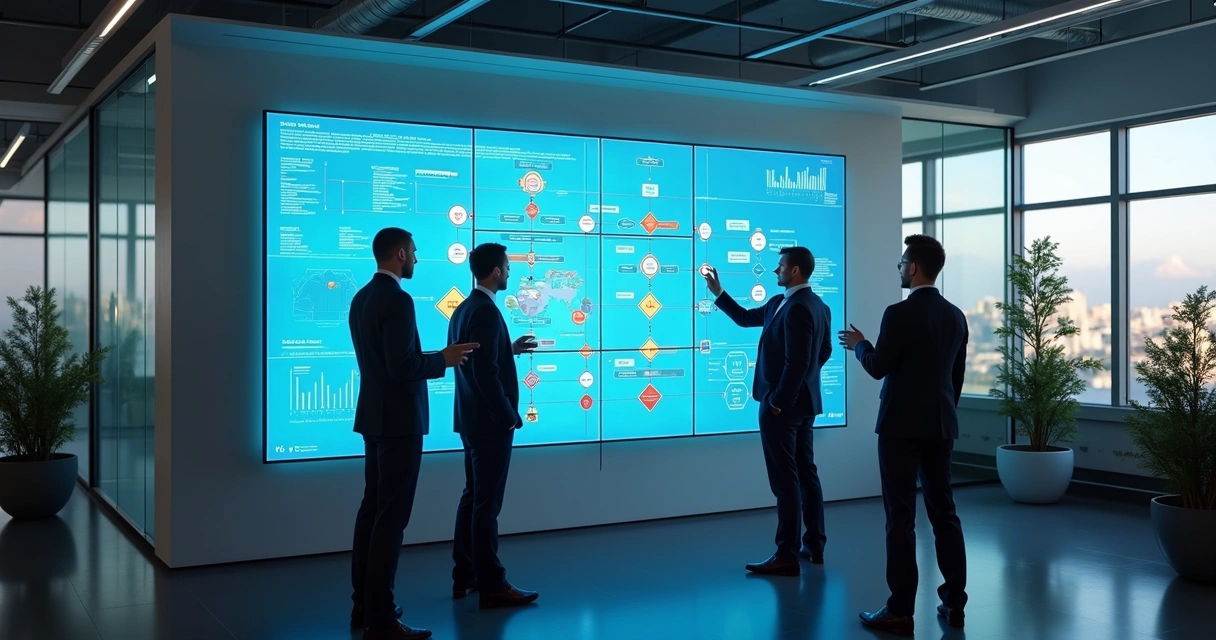 Equipe analisando fluxo de processos em telas digitais 