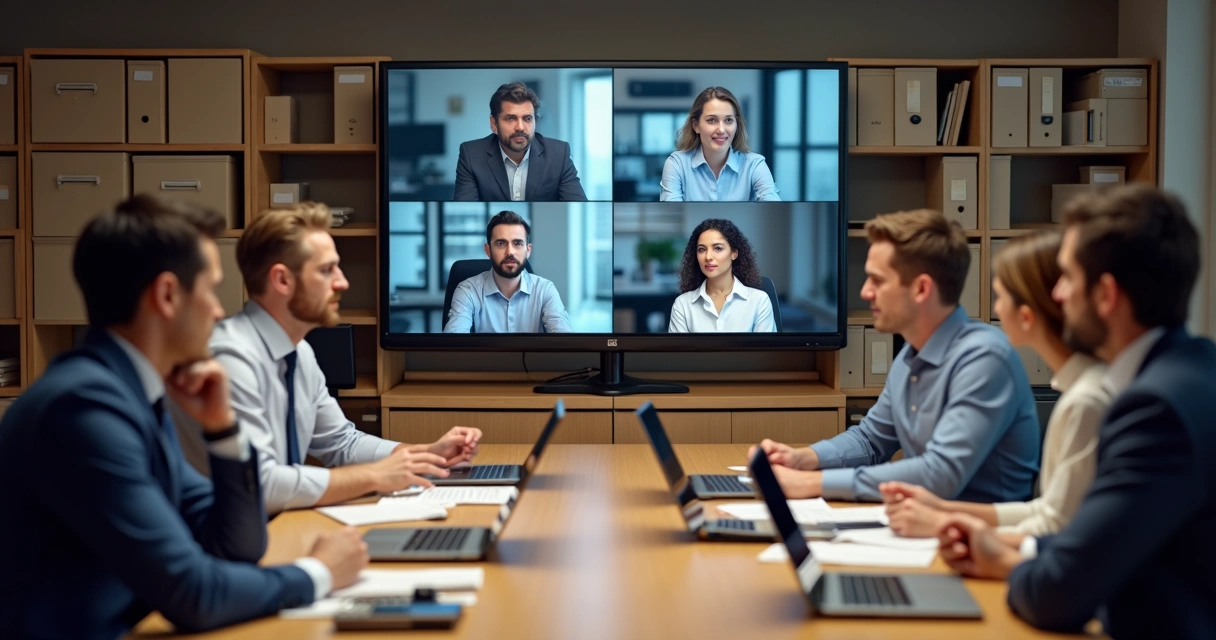 Equipe de contabilidade reunida em sala com tela mostrando colegas participando remotamente 