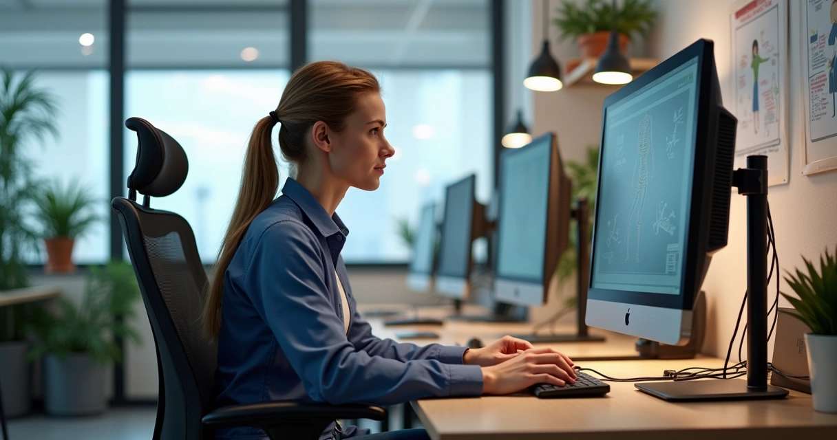 Técnico em segurança do trabalho analisando estação de trabalho ergonômica com computador e cadeira ajustável 
