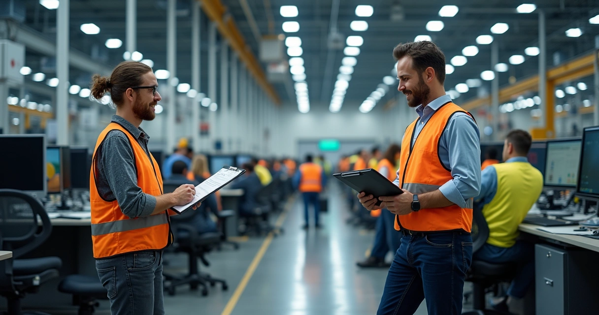 Equipe realizando análise ergonômica em chão de fábrica 