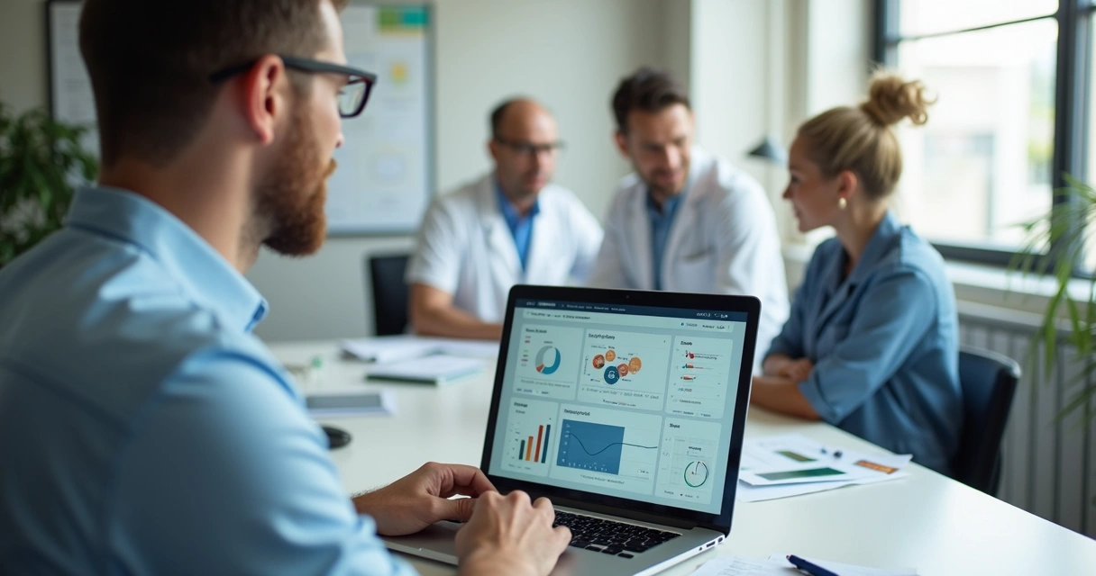 Gestor avaliando ERP em clínica com relatórios e equipe