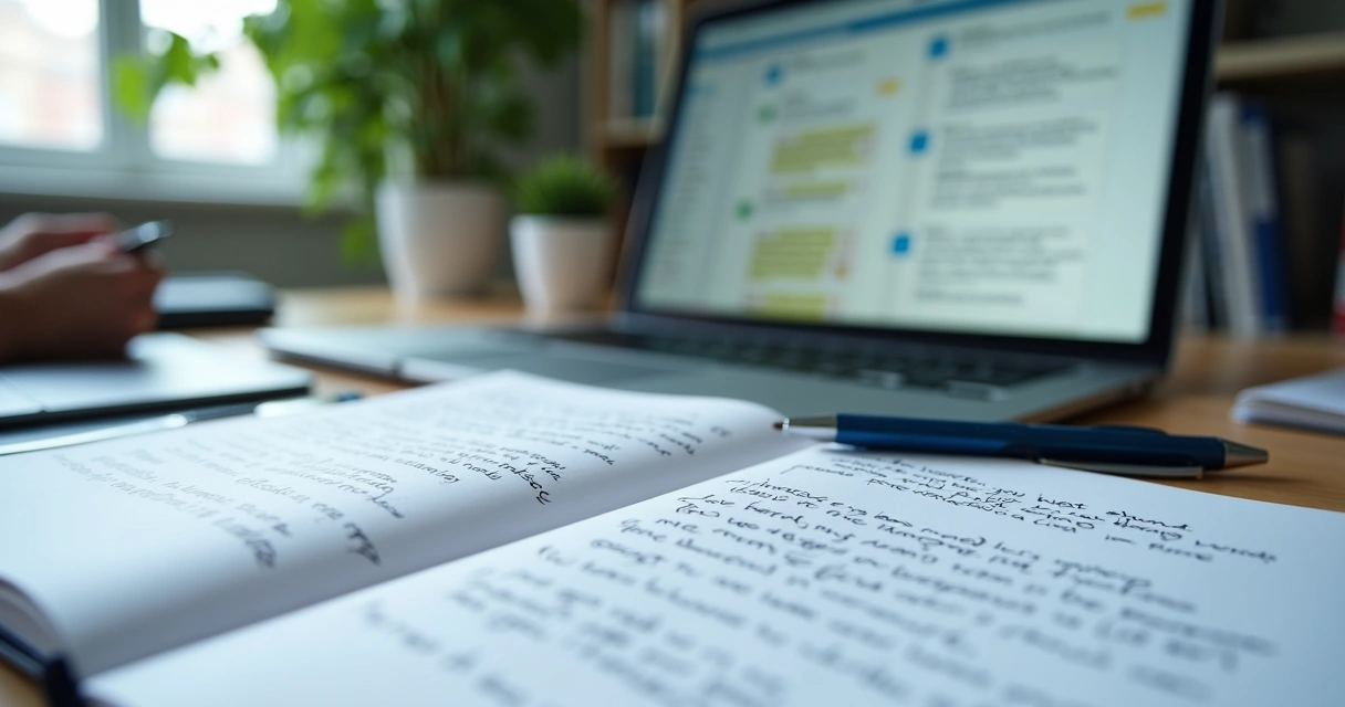 Caderno com anotações ao lado de tela com mensagens destacadas 