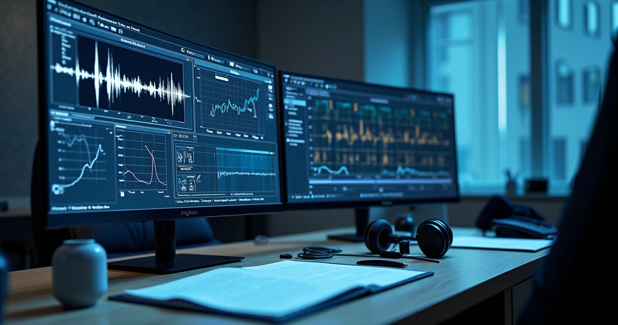 Tela com espectrograma de voz e análise forense de áudio