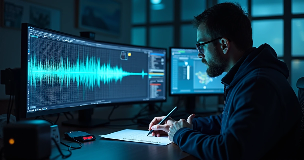 Técnico analisando espectrograma de áudio em tela de computador 