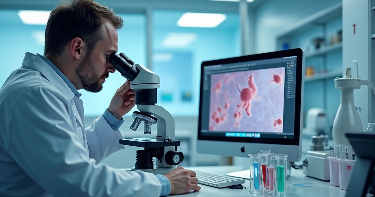 Tecnólogo analisando amostra de espermograma no microscópio