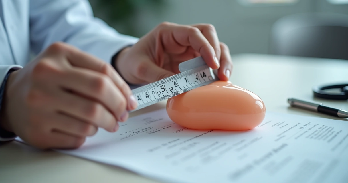 Mão de médico medindo circunferência de pênis de silicone com fita métrica sobre fundo clínico 