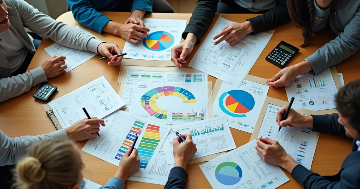 Mesa com papéis, gráficos coloridos e mãos analisando dados 