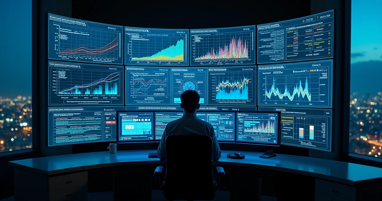 Analista observa sala de controle com telas exibindo gráficos estatísticos de telemetria 
