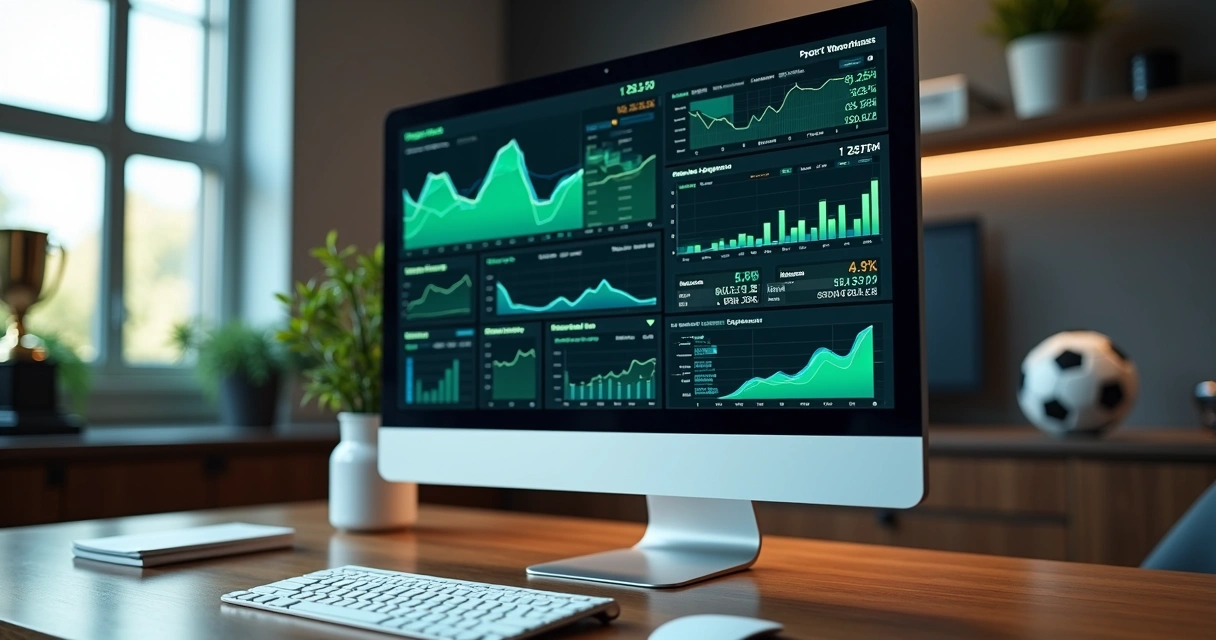 Computador mostrando gráficos e estatísticas esportivas detalhadas em alta resolução sobre mesa de madeira 