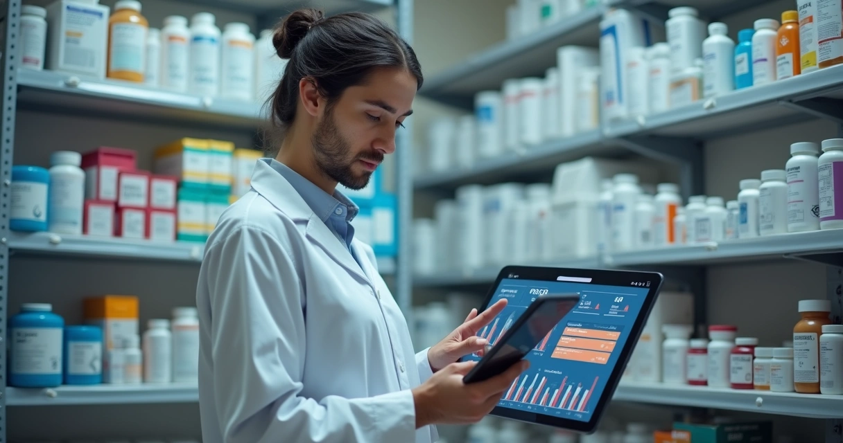 Gestor de farmácia analisando estoque em tablet com gráficos na tela 