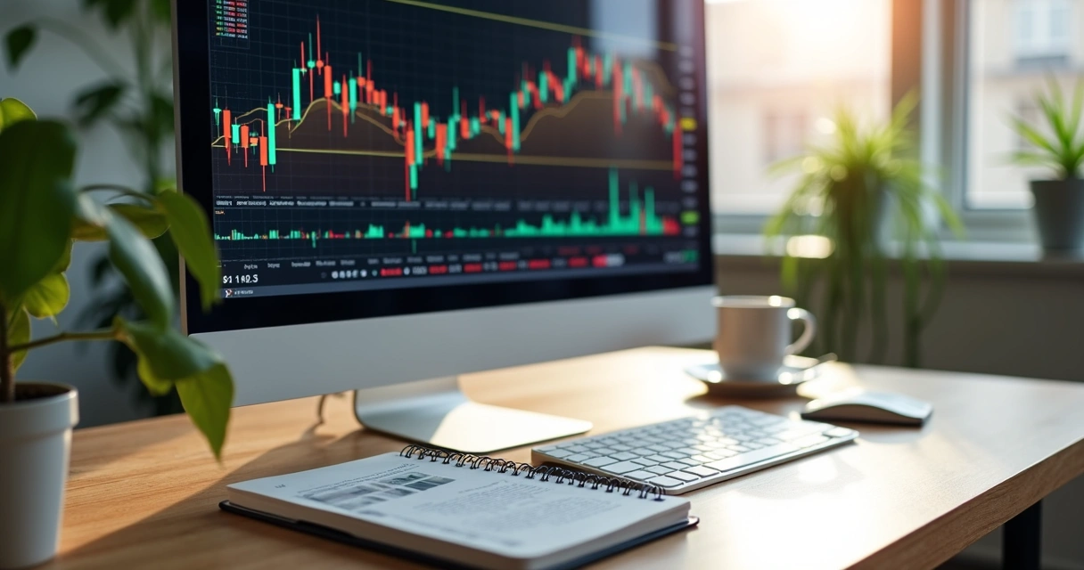 Análise de gráficos de investimentos em tela de computador. 