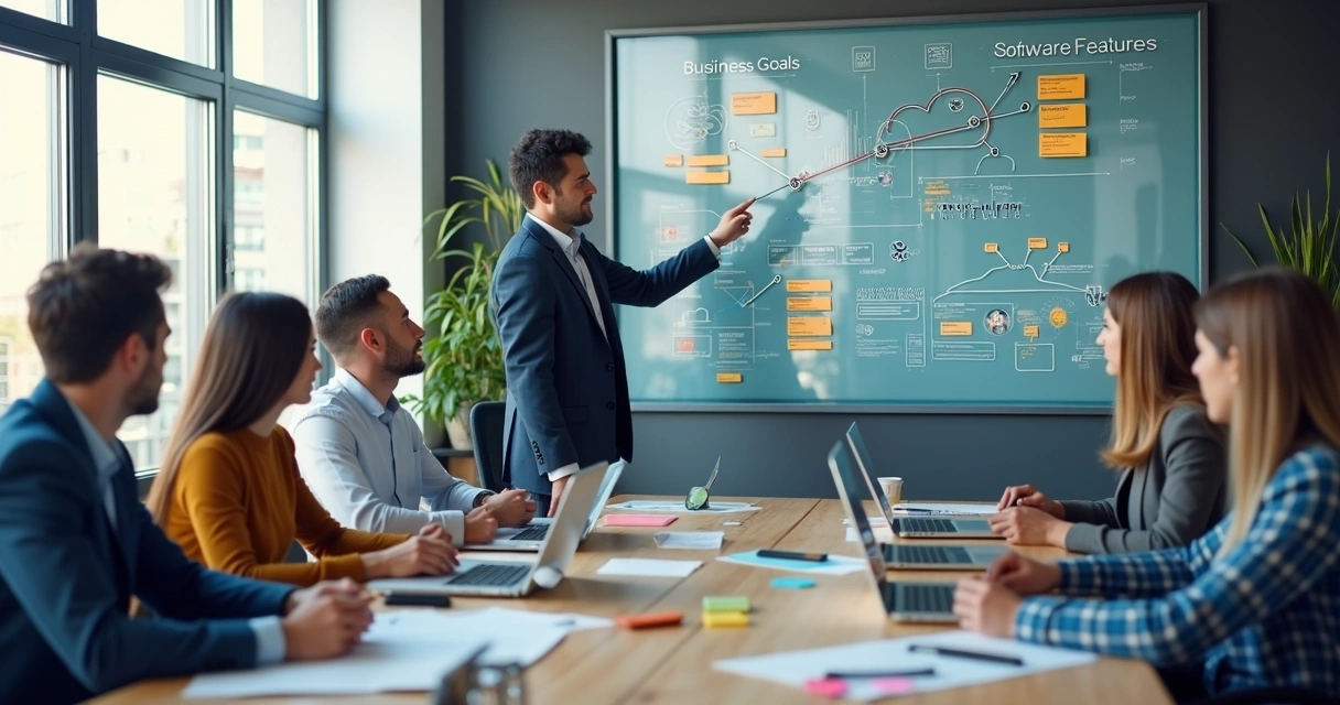 Equipe analisando estratégia de projeto de software em quadro com fluxos e metas de negócio 