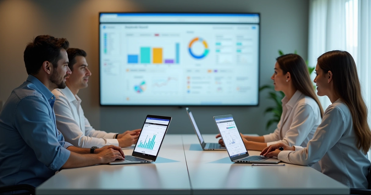 Equipe analisando processos em clínica odontológica com gráficos e telas digitais