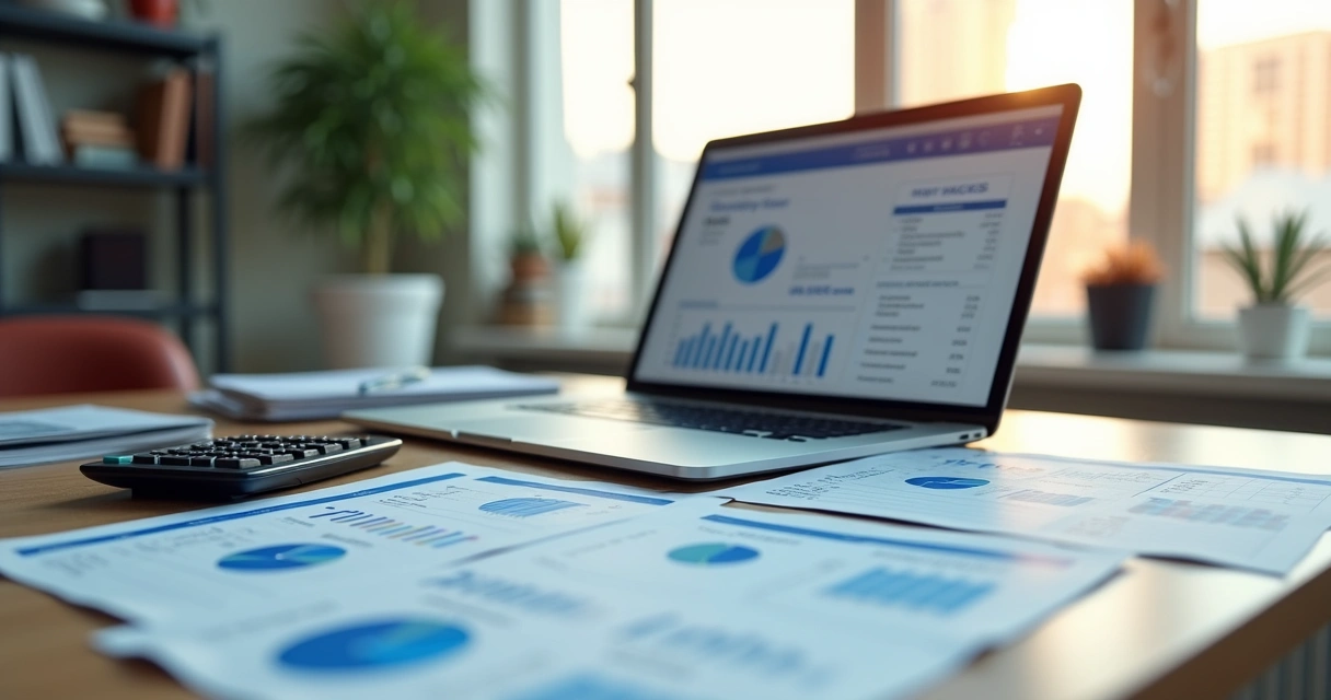 Mesa de trabalho com laptop mostrando gráficos de vendas de pacotes de voo e hospedagem, planilhas impressas com custos e calculadora ao lado, ambiente claro e organizado 