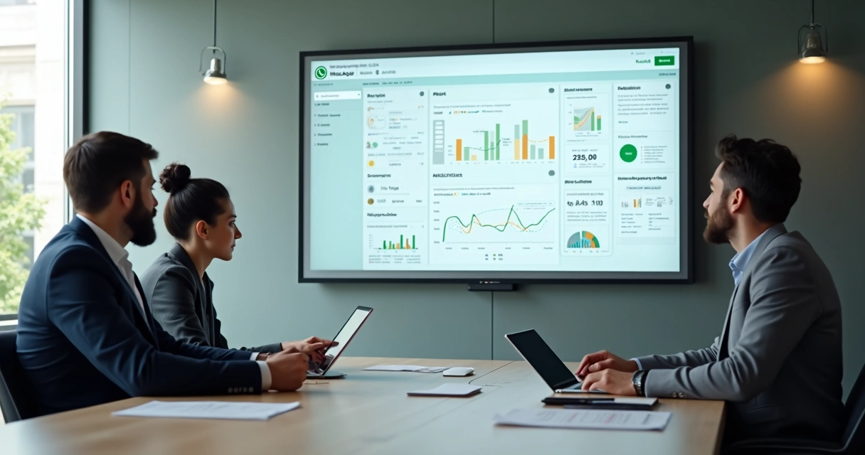 Gestores analisando painel de dados do WhatsApp em mesa de reunião 