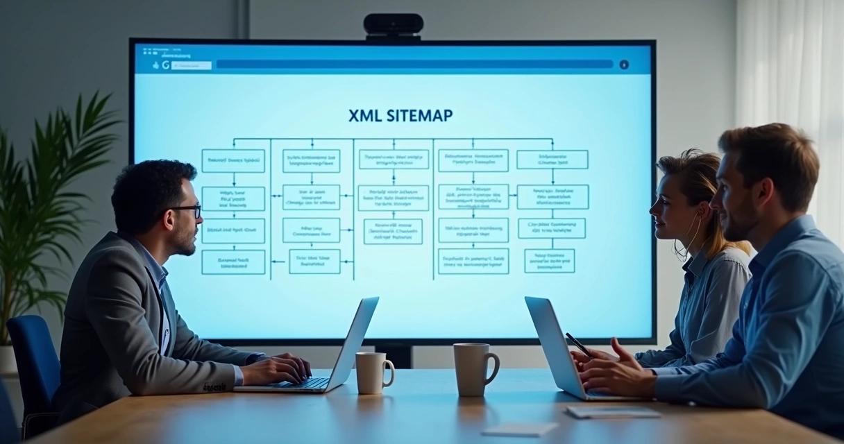 Equipe analisando arquitetura de um site em tela 