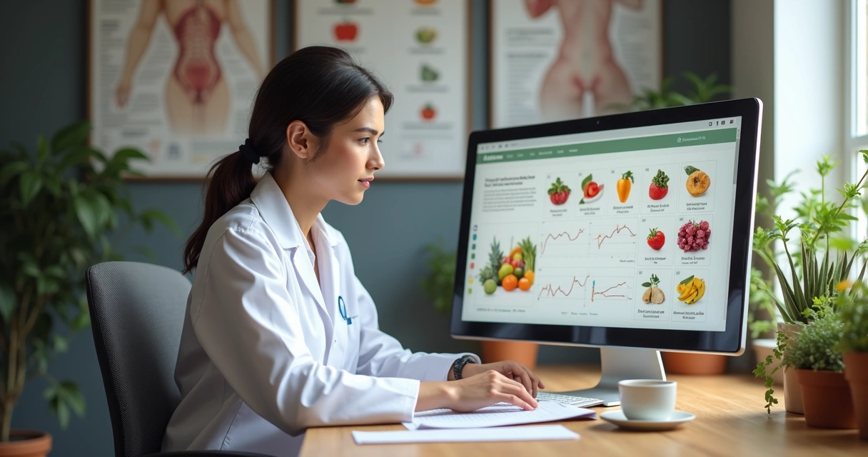 Pesquisador analisando gráficos científicos na tela, com referências de alimentos ao redor