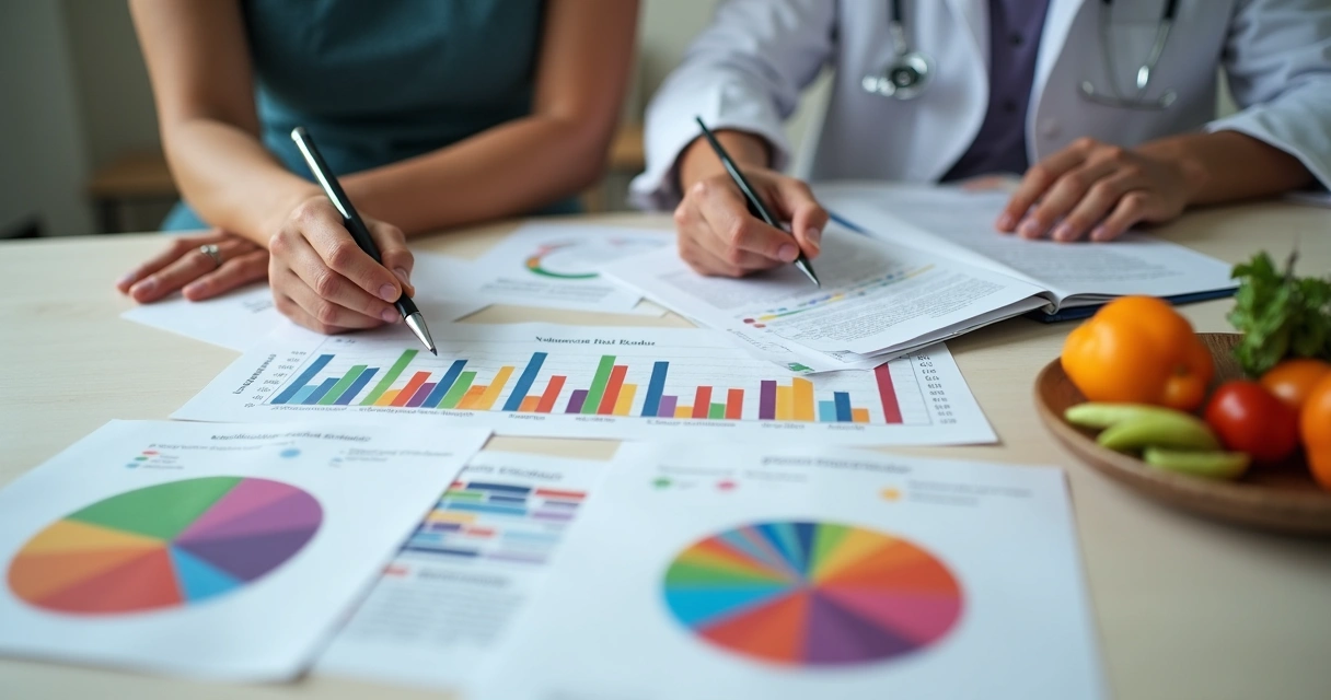 Nutricionista orientando paciente analisando gráficos nutricionais