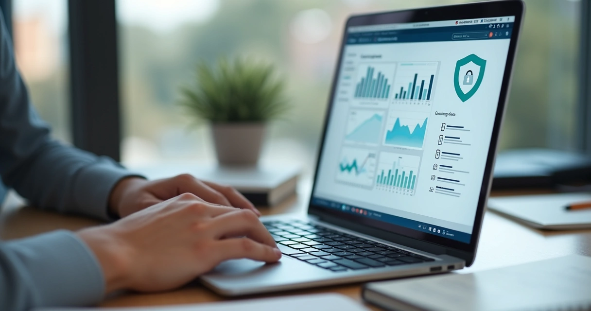 Tela com análise de dados e símbolo de privacidade em ambiente de trabalho 