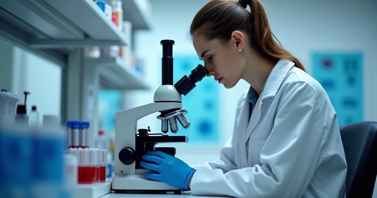 Médico analisando amostra de sangue com microscópio 