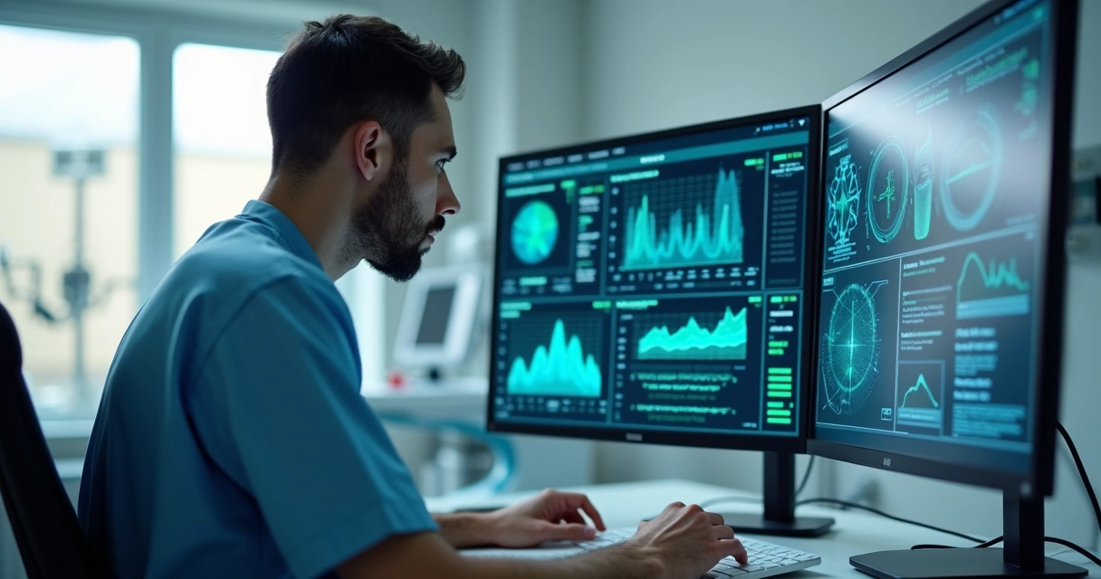 Médico analisando exames médicos no computador com gráficos e inteligência artificial no hospital 