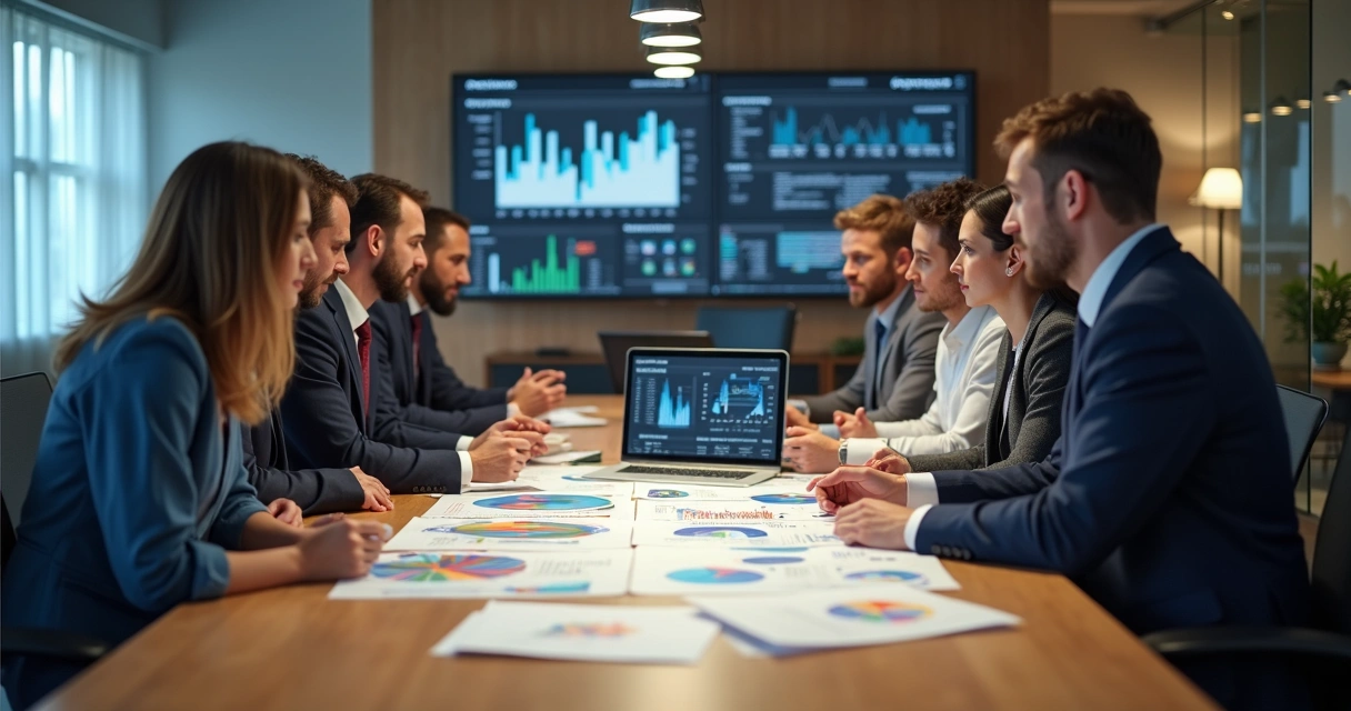 Equipe discutindo relatórios de vendas e estoque em ambiente moderno 