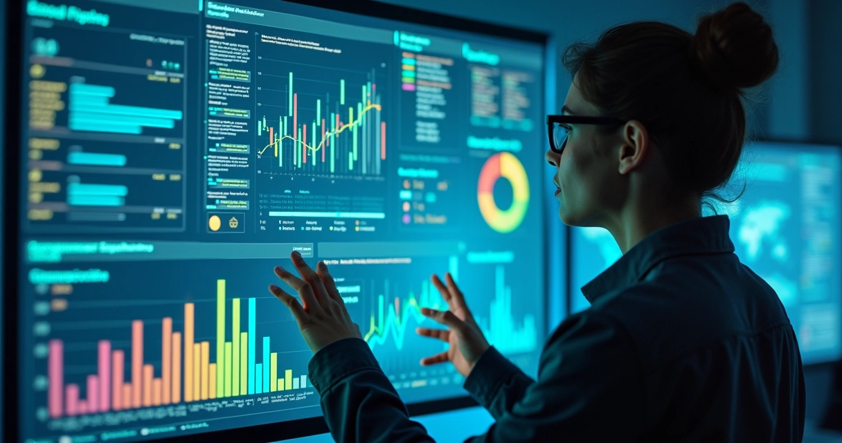 Profissional analisando dados de experiência do cliente em tela com gráficos digitais 