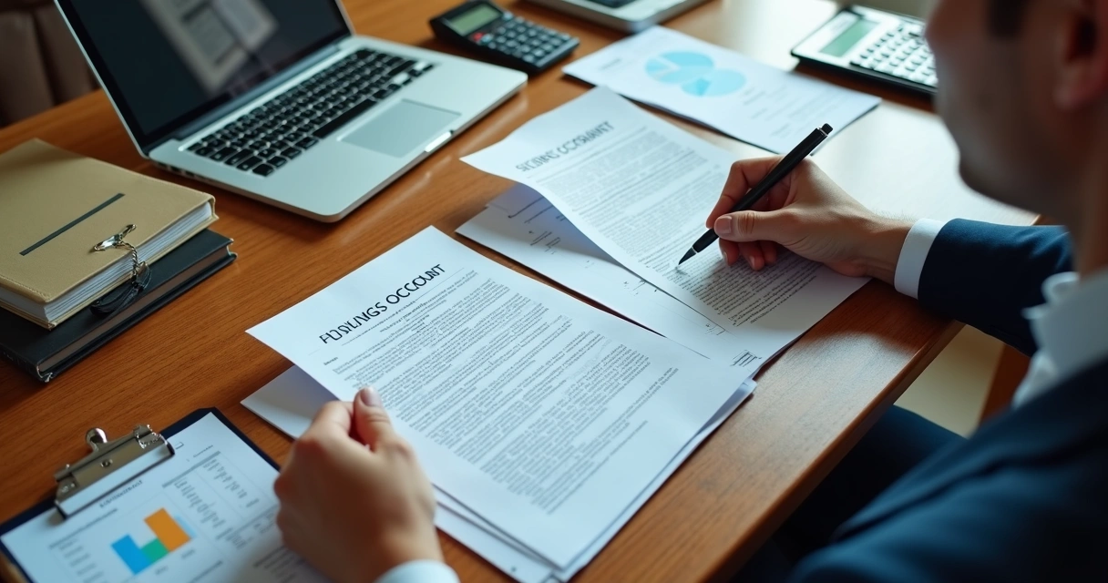 Advogado analisando extratos bancários e contrato em mesa de escritório