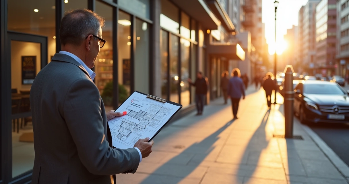 Investidor avaliando fachada de imóvel comercial em avenida movimentada ao amanhecer 