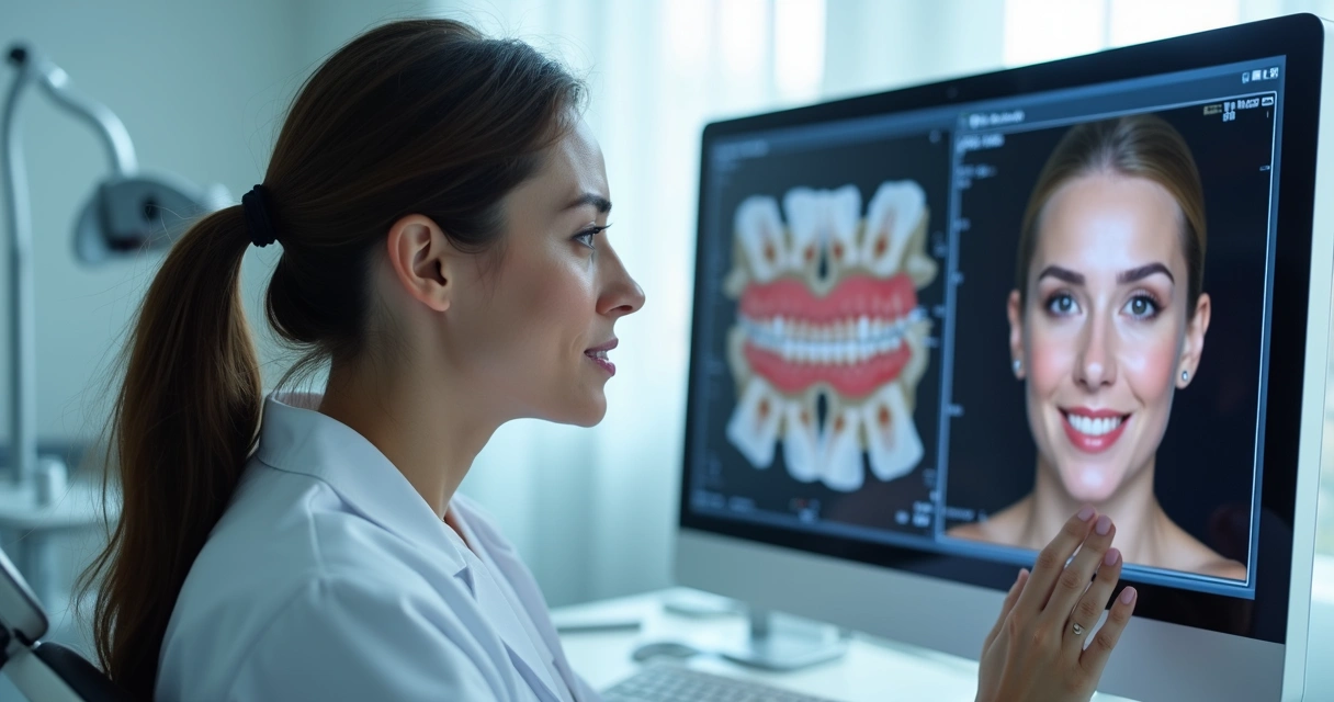 Dentista realizando análise facial 3D em paciente