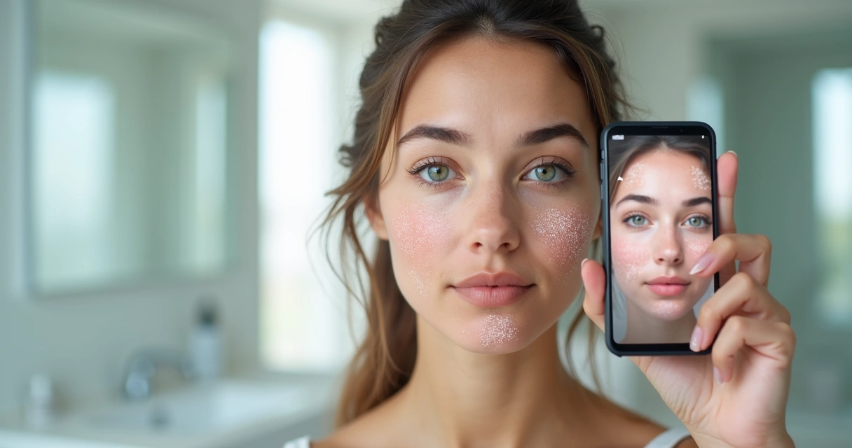 Pessoa analisando próprio rosto em aplicativo de skincare no celular 