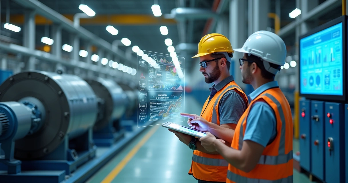 Engenheiros analisando dados de falhas em fábrica industrial com tablet e painel digital 