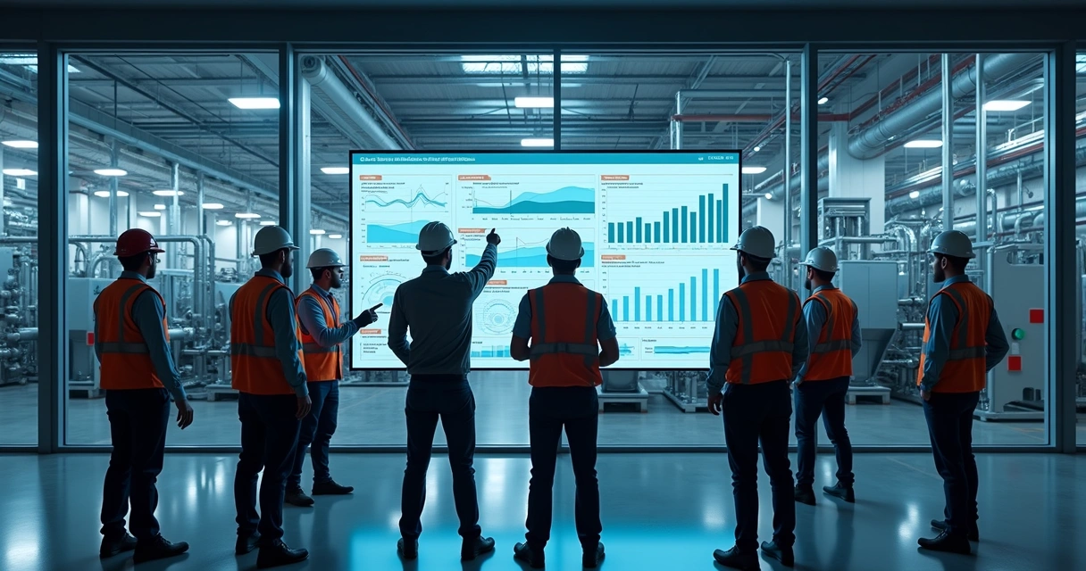 Engenheiros analisando painel digital com gráficos de falhas em indústria 