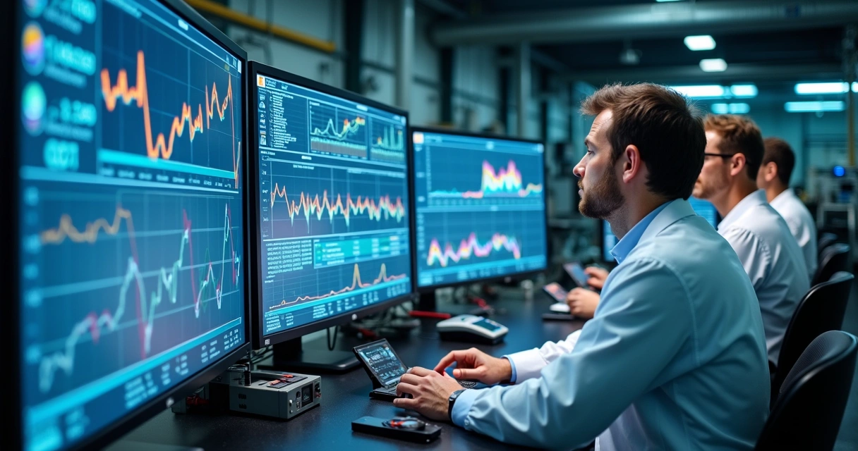 Técnicos em laboratório industrial analisando gráficos digitais de falhas