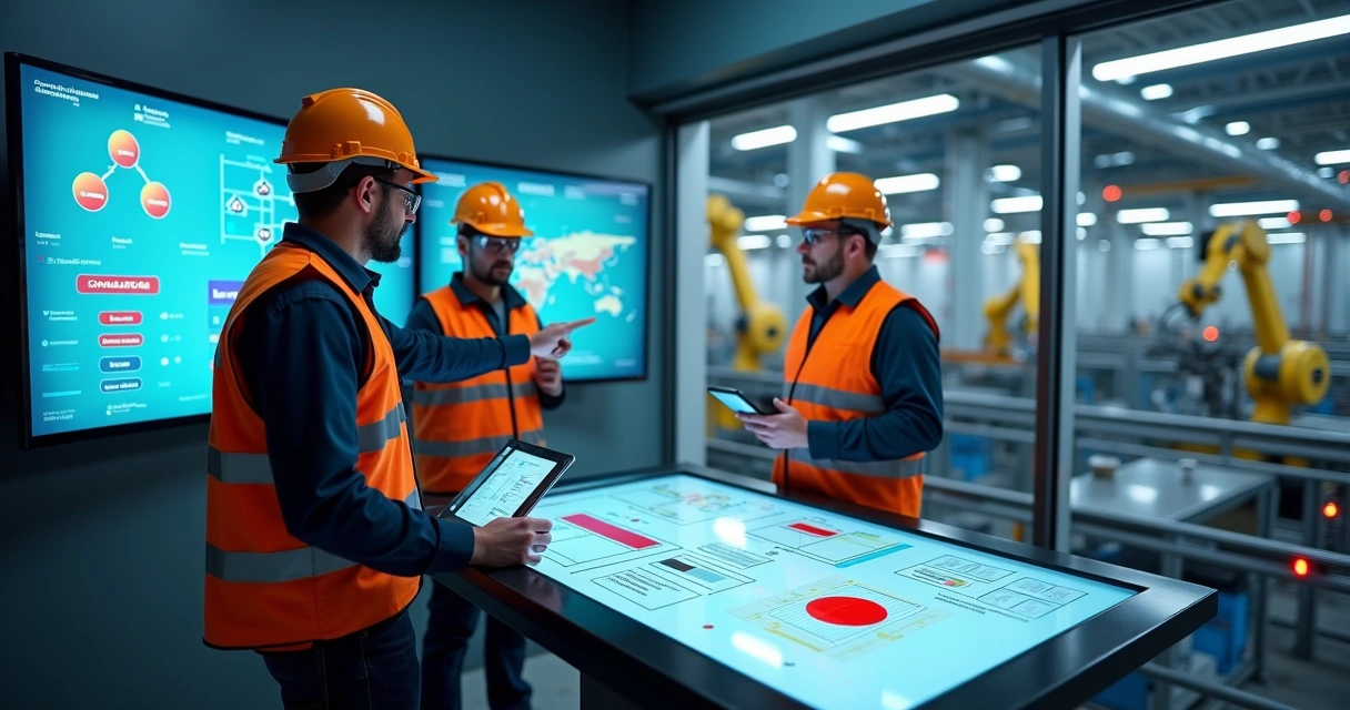 Engenheiros analisando falhas em linha de produção industrial com painel de dados digitais 