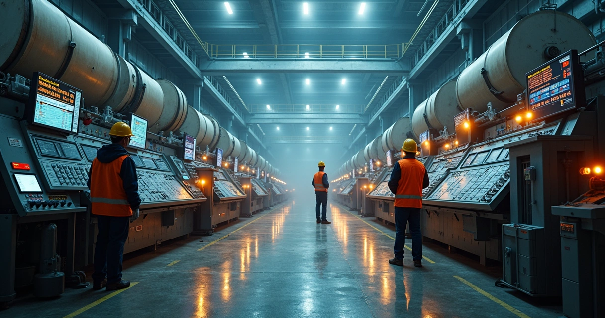 Linha de produção na indústria de papel e celulose, com máquinas industriais de grande porte e técnicos monitorando indicadores digitais 