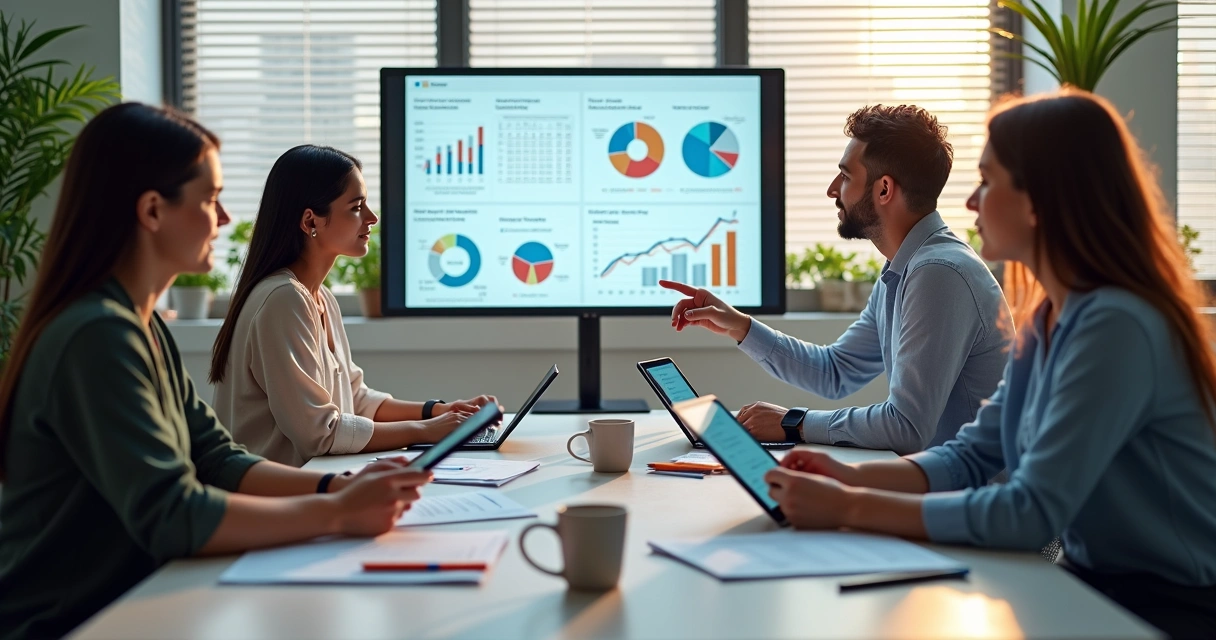 Profissionais reunidos em sala de reunião analisando dados sobre saúde mental no trabalho 
