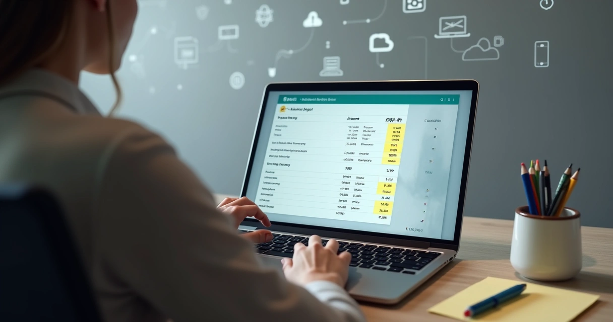Pessoa analisando uma fatura digital de serviços de internet e aplicativos em um notebook, com destaque para valores e itens cobrados. 