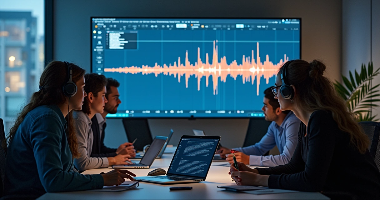 Equipe de tecnologia analisando feedbacks em áudio