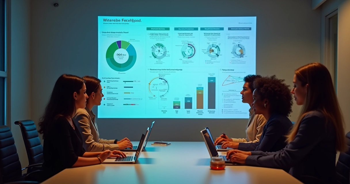 Equipe analisando painel de feedbacks em uma sala de reunião 