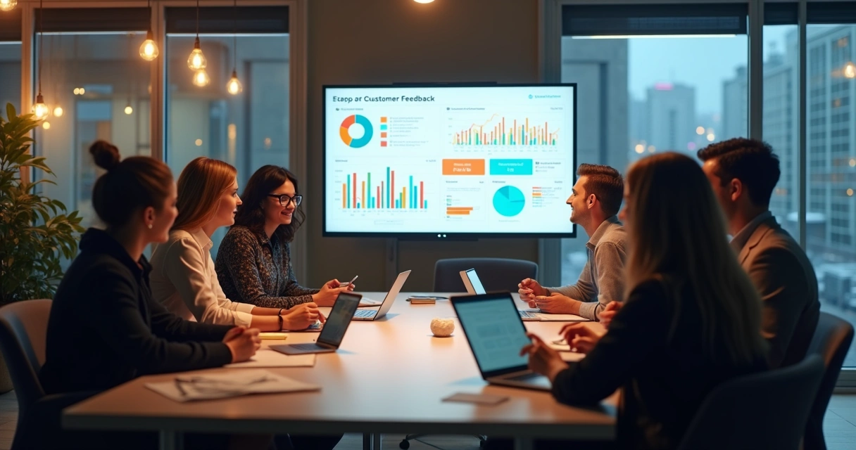 Grupo de profissionais analisando dados de feedback em computador de tela grande 