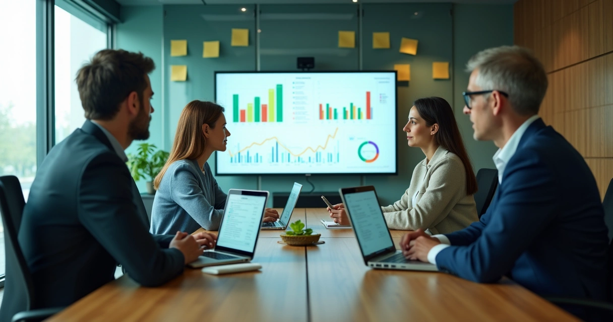 Profissionais analisando gráficos de feedback de clientes em um escritório moderno. 