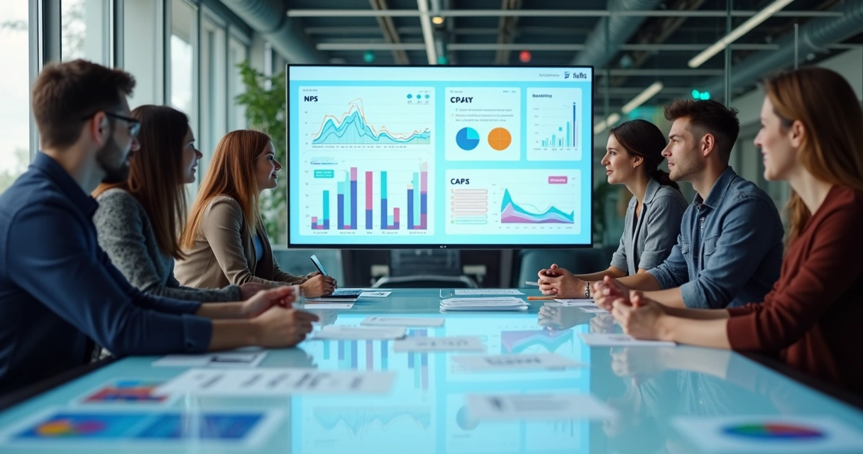 Equipe analisando feedbacks de clientes em ambiente digital. 