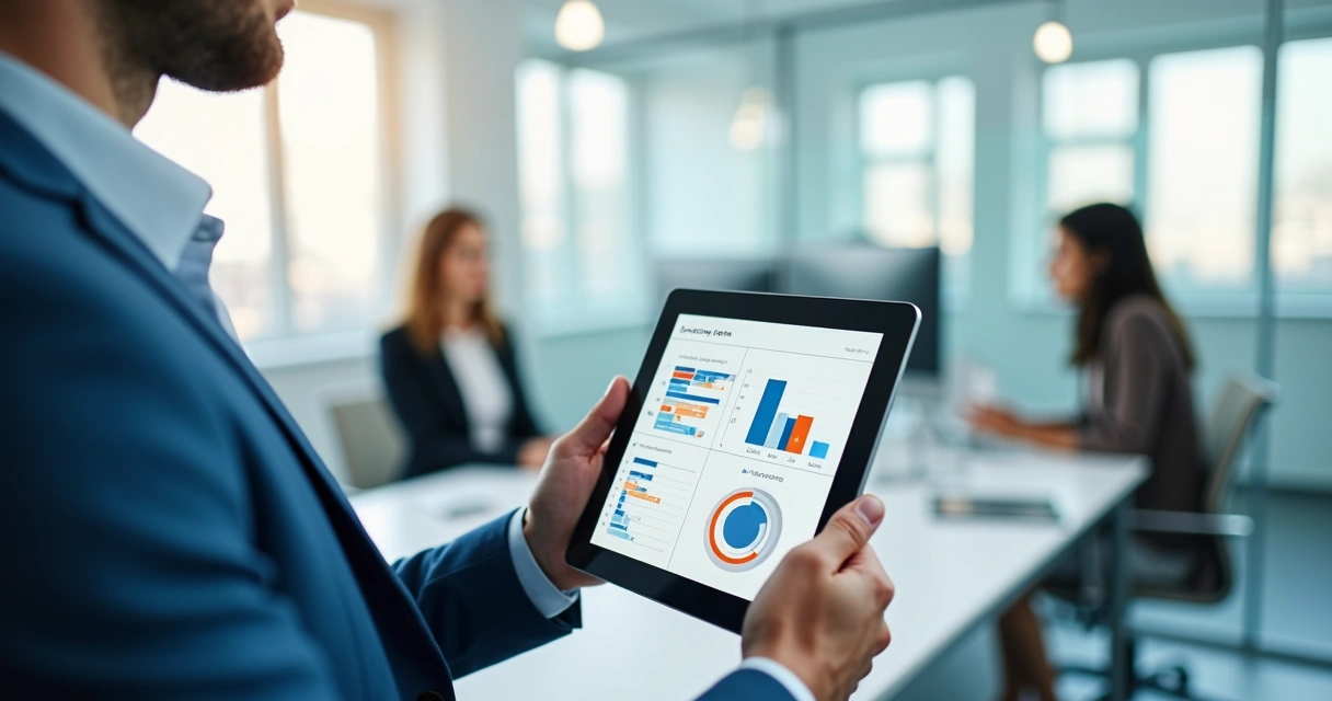 Profissional lendo feedbacks de clientes em um tablet 