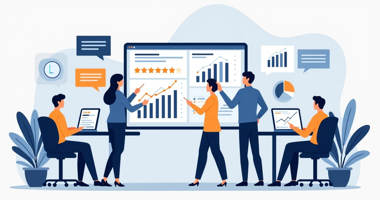 Equipe analisando dados de feedback do cliente em telas com gráficos 